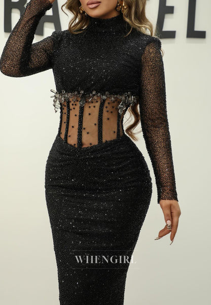 Black Long Sleeves Rhinestones Beading Sheath High Neck Formal Evening Gown