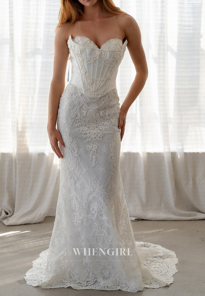 Mermaid Sweetheart Sleeveless Beaded Sweep Train Lace Wedding Dress