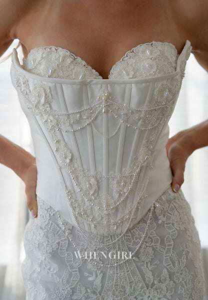 Mermaid Sweetheart Sleeveless Beaded Sweep Train Lace Wedding Dress