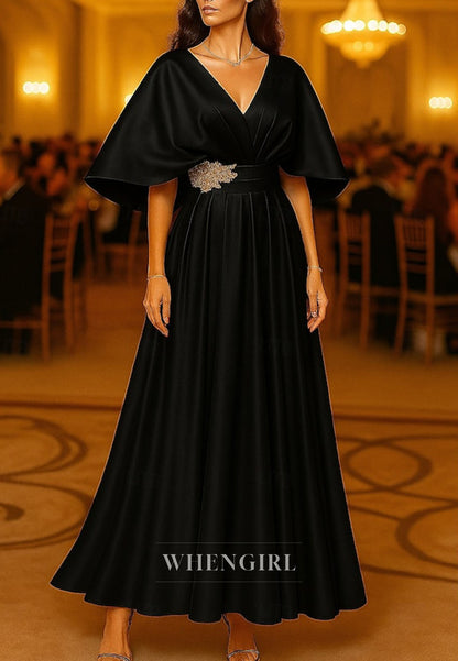 A-Line V Neck Half Sleeves Back Zipper Ankle Length Mother of the Bride Dress　