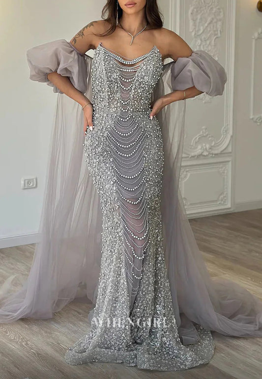 Silver Mauve Pearls Beading Sheath Formal Dress Strapless Sweep Trian Evening Gown with Cape