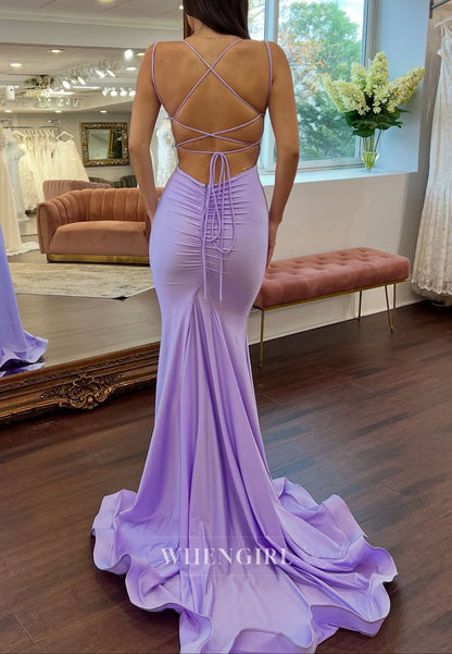 Lilac Mermaid Spaghetti Straps Cross Back Ruched Mermaid Prom Dress