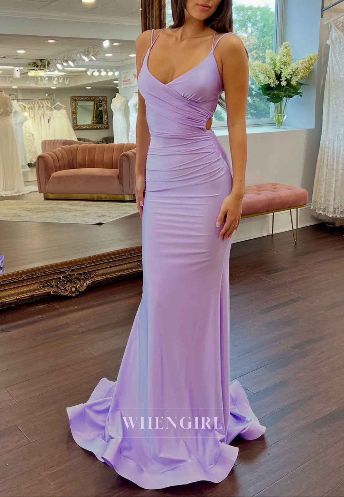 Lilac Mermaid Spaghetti Straps Cross Back Ruched Mermaid Prom Dress