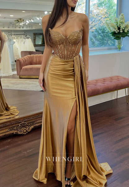 Gold Swetheart Beaded Sleeveless Side Slit Lace Up Sheath Prom Dress