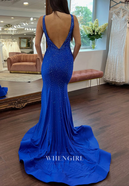 Royal Blue V Neck Sleeveless Beaded Mermaid Prom Dress