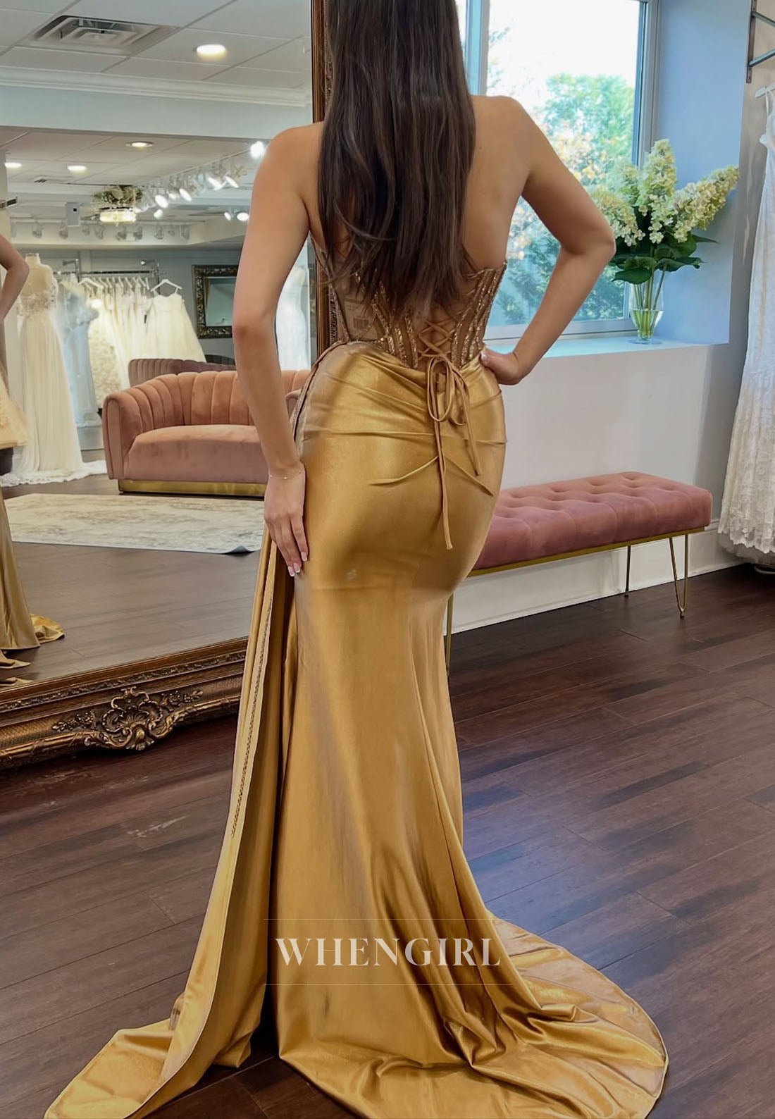 Gold Swetheart Beaded Sleeveless Side Slit Lace Up Sheath Prom Dress