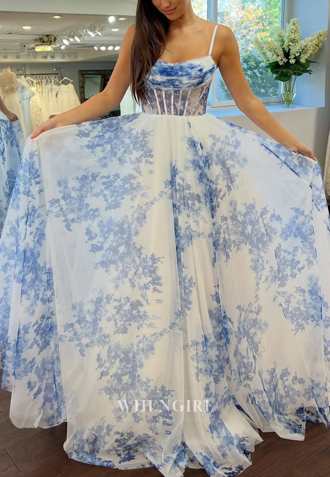 Blue Spaghetti Straps Corset Back Zipper A-Line Prom Dress