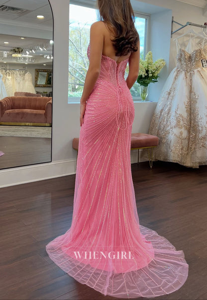 Watermelon V Neck Sleeveless Beaded Side Slit Lace Up Sheath Prom Dress