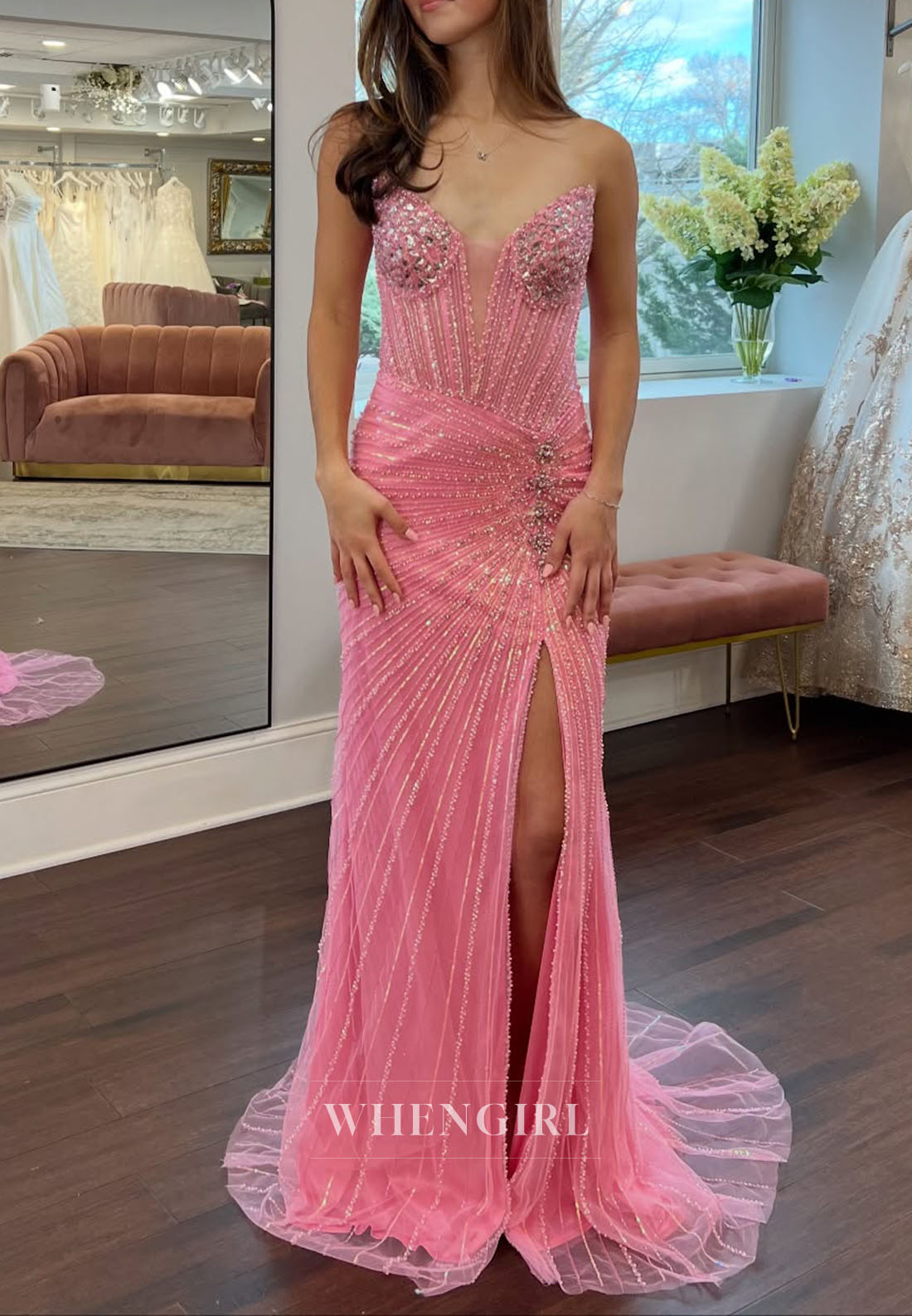 Watermelon V Neck Sleeveless Beaded Side Slit Lace Up Sheath Prom Dress
