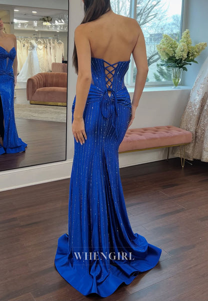 Royal Blue Sweetheart Pleated Side Slit Beaded Mermaid  Prom Dress