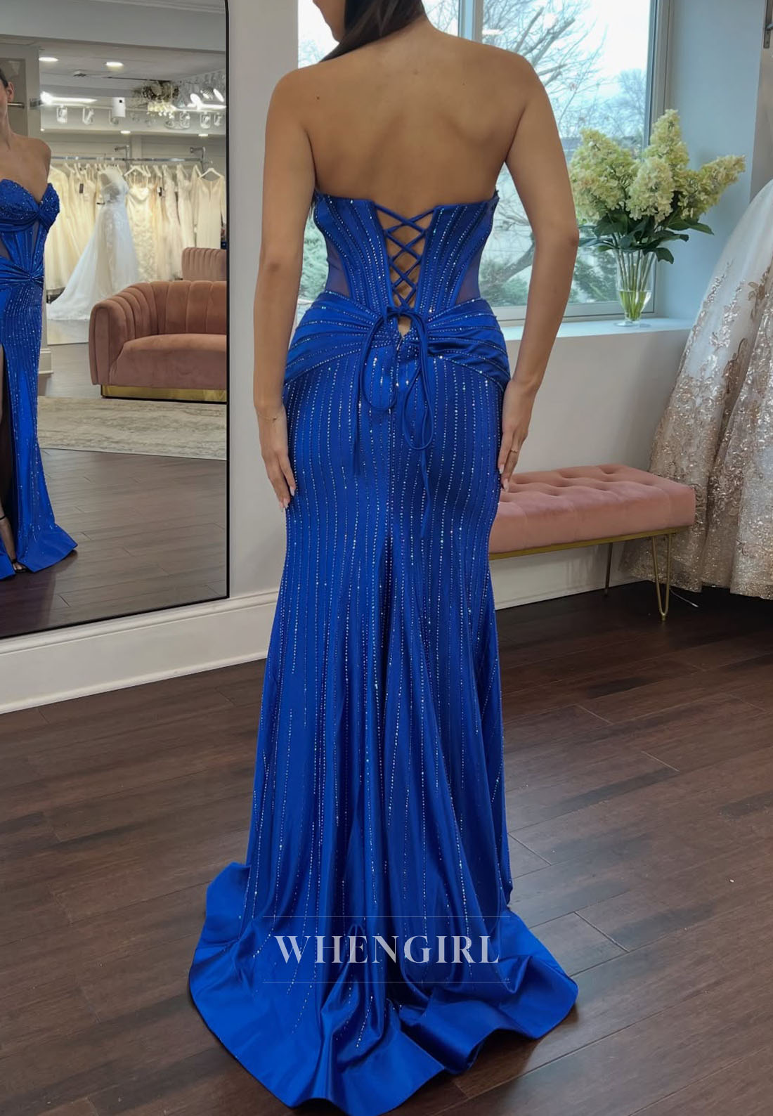Royal Blue Sweetheart Pleated Side Slit Beaded Mermaid  Prom Dress