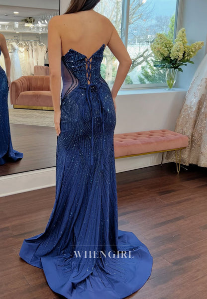 Navy V Neck Sleeveless Beaded Sheath Prom Dress with Silit