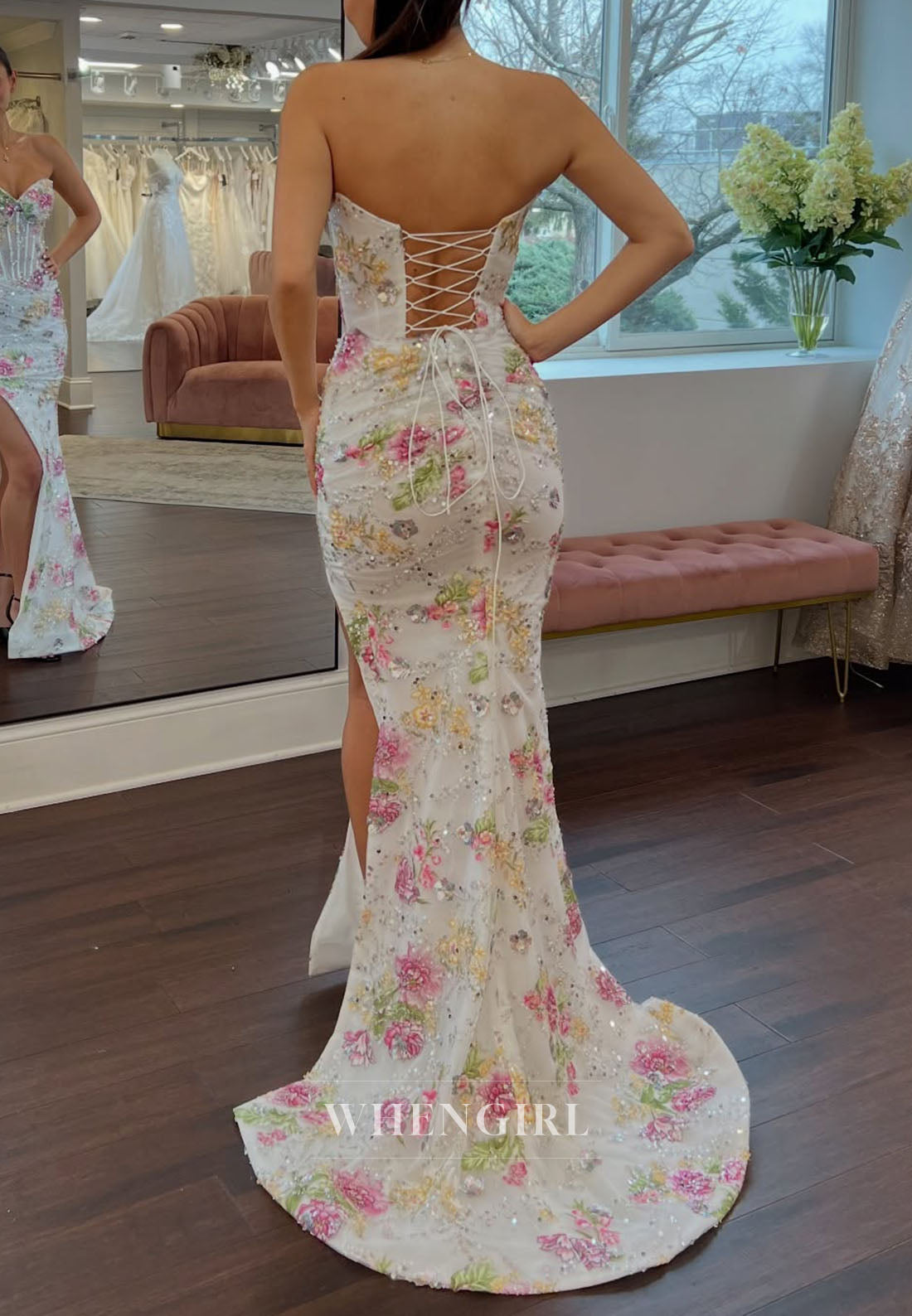 Mermaid Sweetheart Beaded Floral Sleeveless Side Slit Lace Up Prom Dress