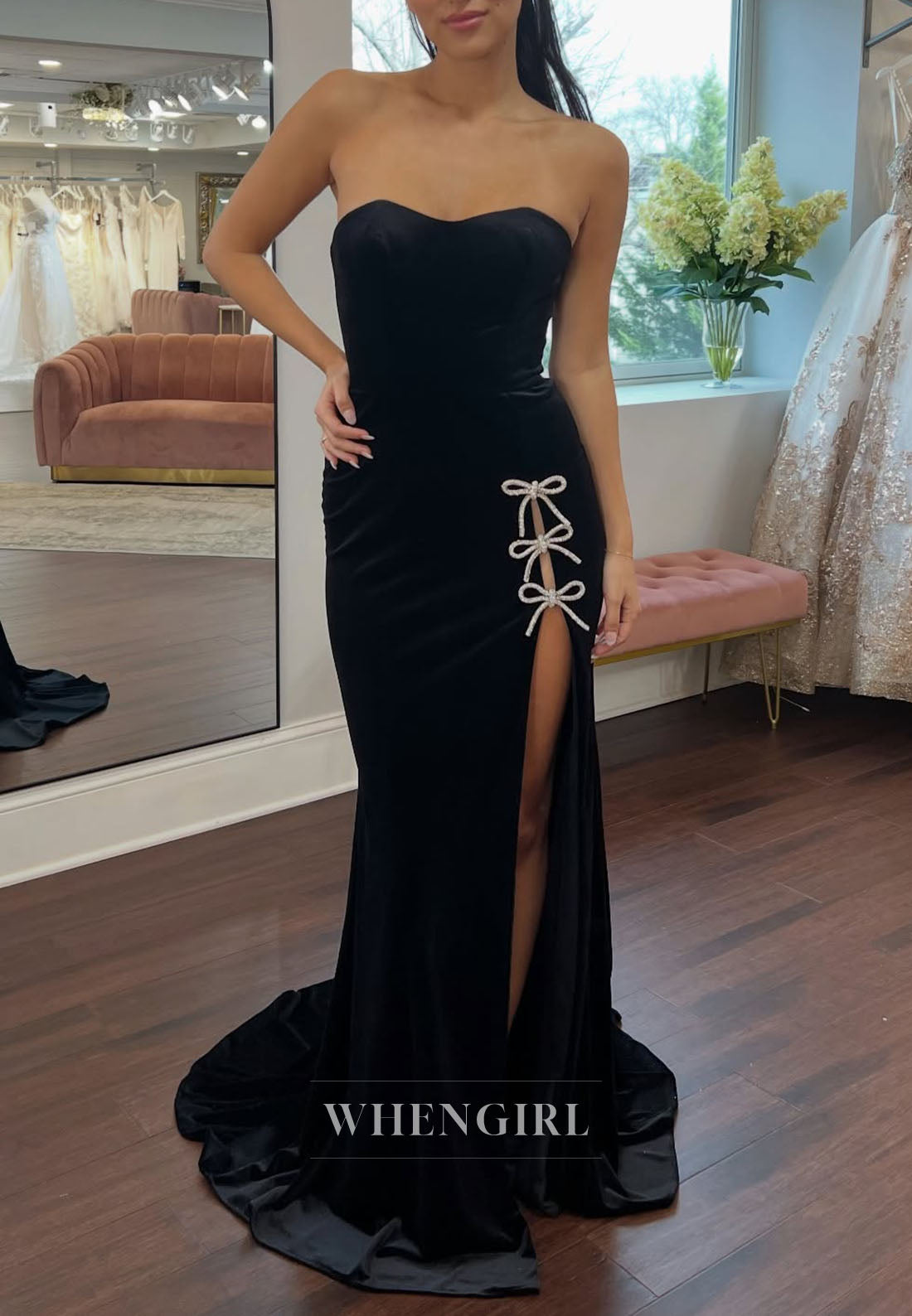 Sheath Black Sweetheart Lace Up Sleeveless Side Slit Bowknots Prom Dress