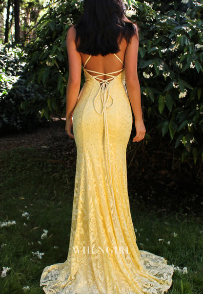 Yellow V Neck Sleeveless Cross Back Mermaid Lace Prom Dress
