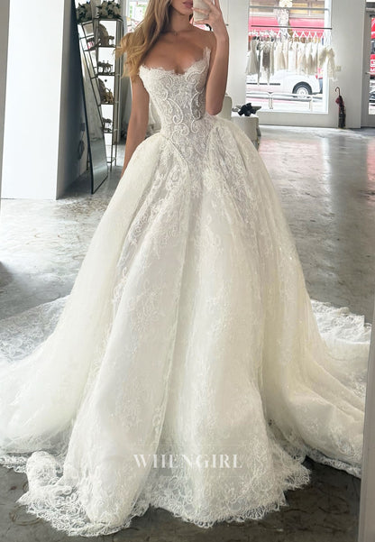 Strapless Pearls Beading Lace Ball Gown Wedding Dress