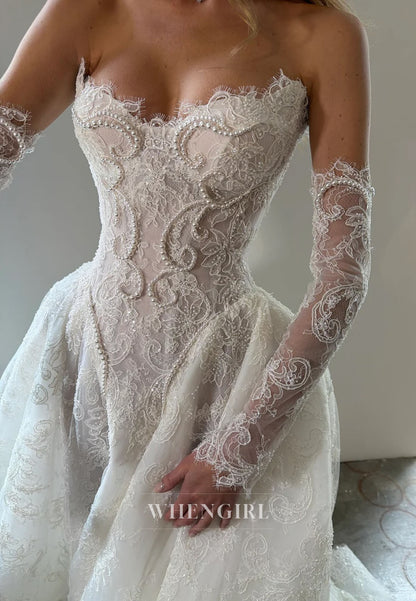Strapless Pearls Beading Lace Ball Gown Wedding Dress