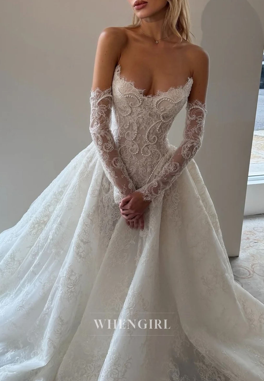 Strapless Pearls Beading Lace Ball Gown Wedding Dress