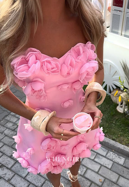 Sheath Candy Pink Sweetheart Strapless 3D Flowers Sleeveless Homecoming Dress