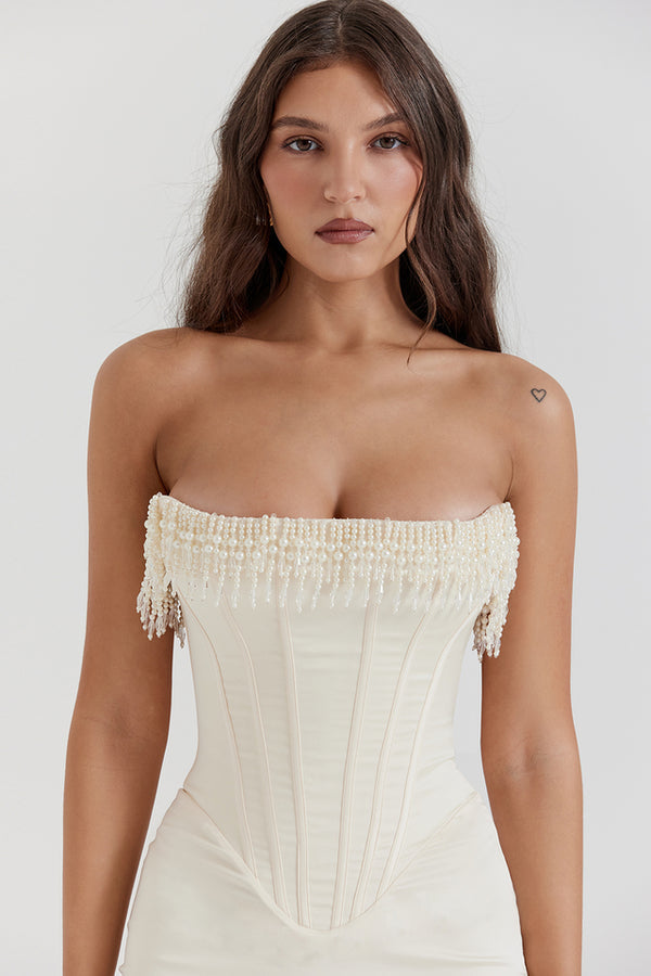 Strapless Pearls Tassel Sheath Midi Dress
