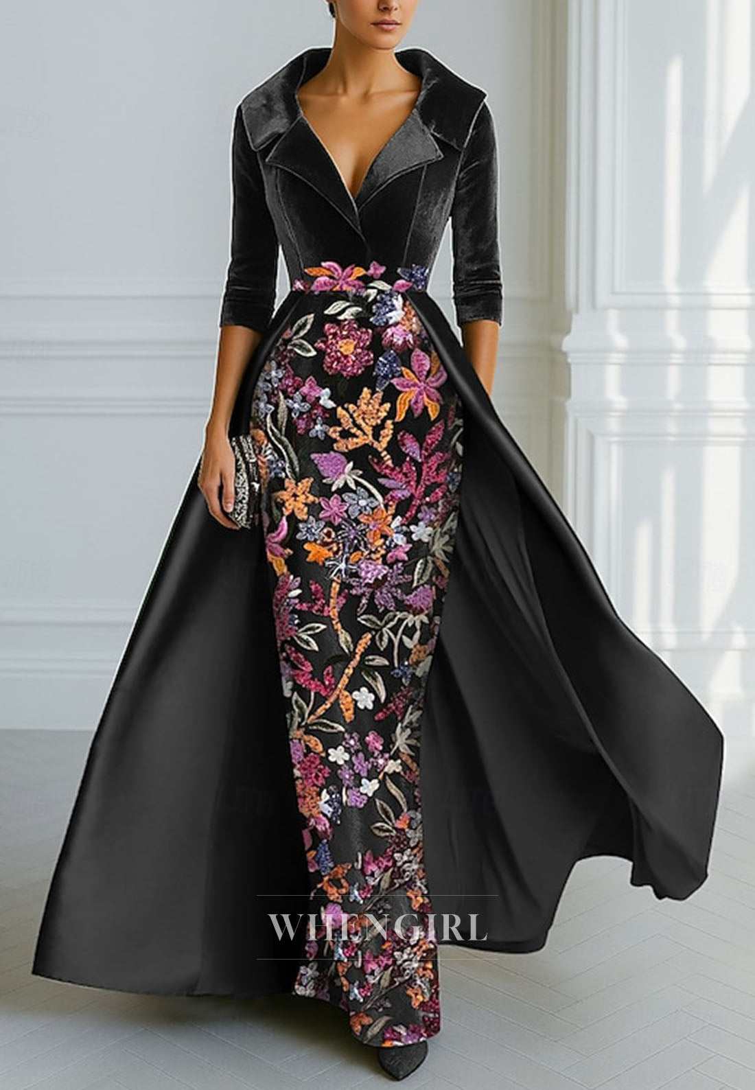 Sheath V Neck Long Sleeves Flowers Mother of the Bride Dress with Train