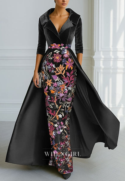 Sheath V Neck Long Sleeves Flowers Mother of the Bride Dress with Train