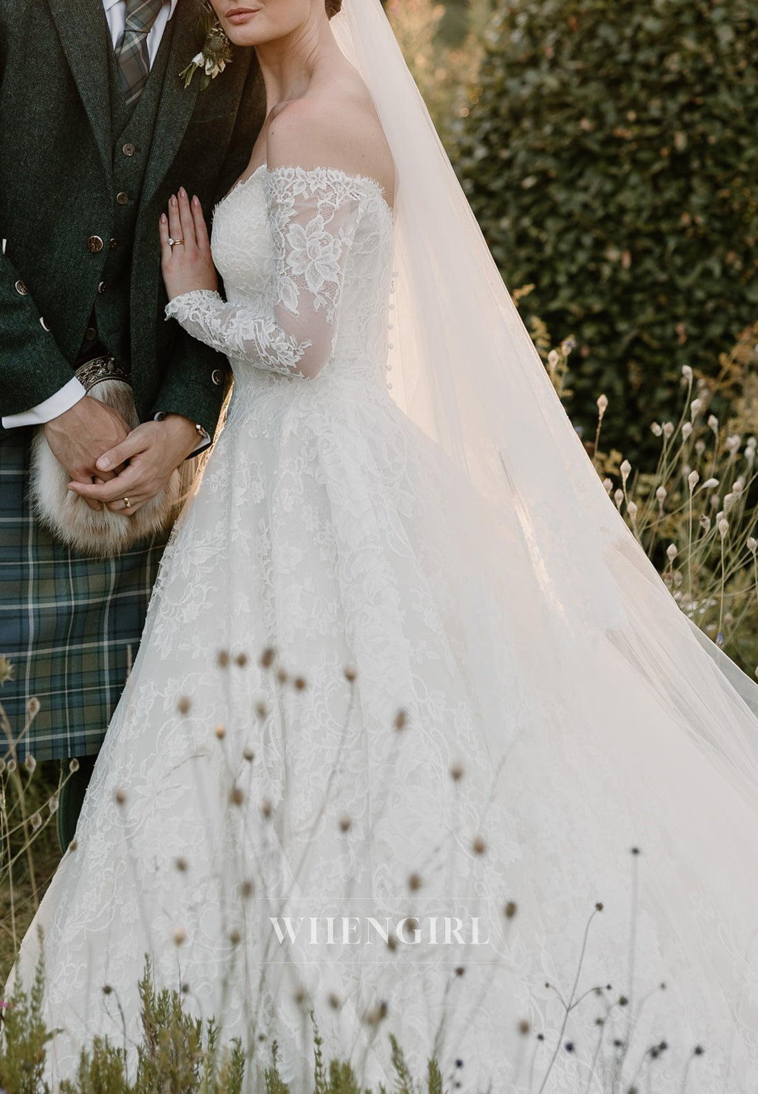 A-Line V Neck Long Sleeves Lace Court Train Lace Wedding Dress