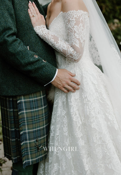 A-Line V Neck Long Sleeves Lace Court Train Lace Wedding Dress