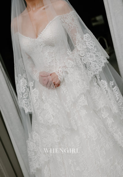A-Line V Neck Long Sleeves Lace Court Train Lace Wedding Dress