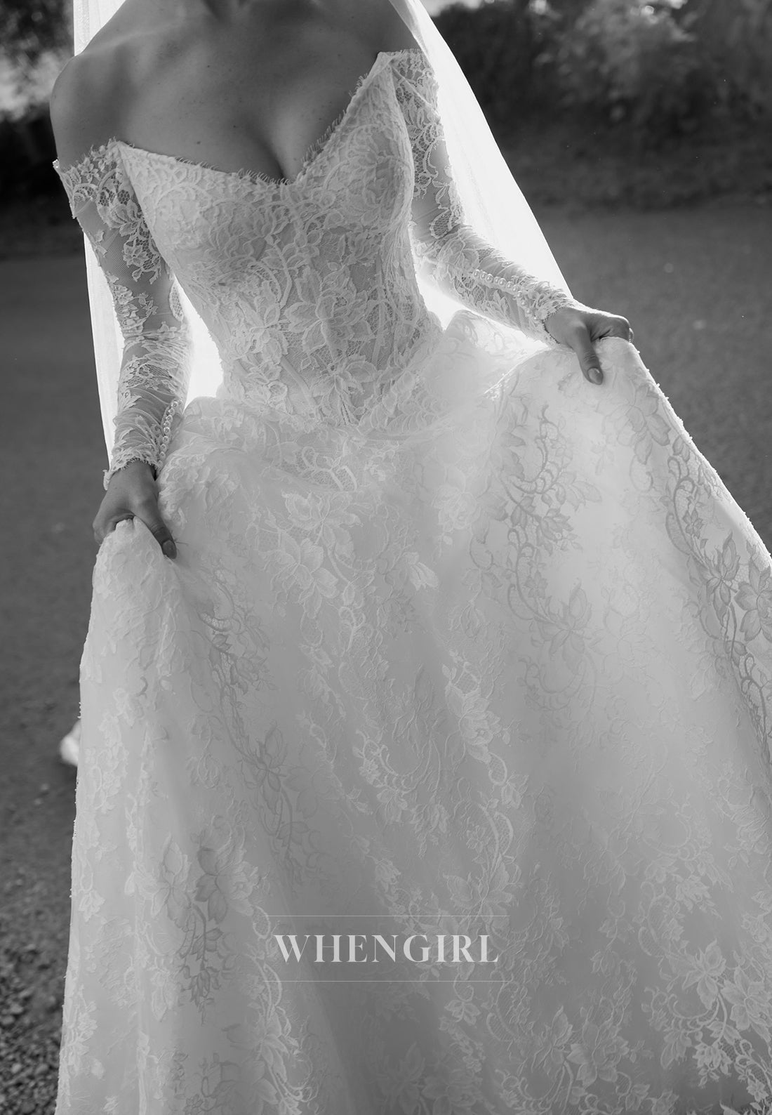 A-Line V Neck Long Sleeves Lace Court Train Lace Wedding Dress