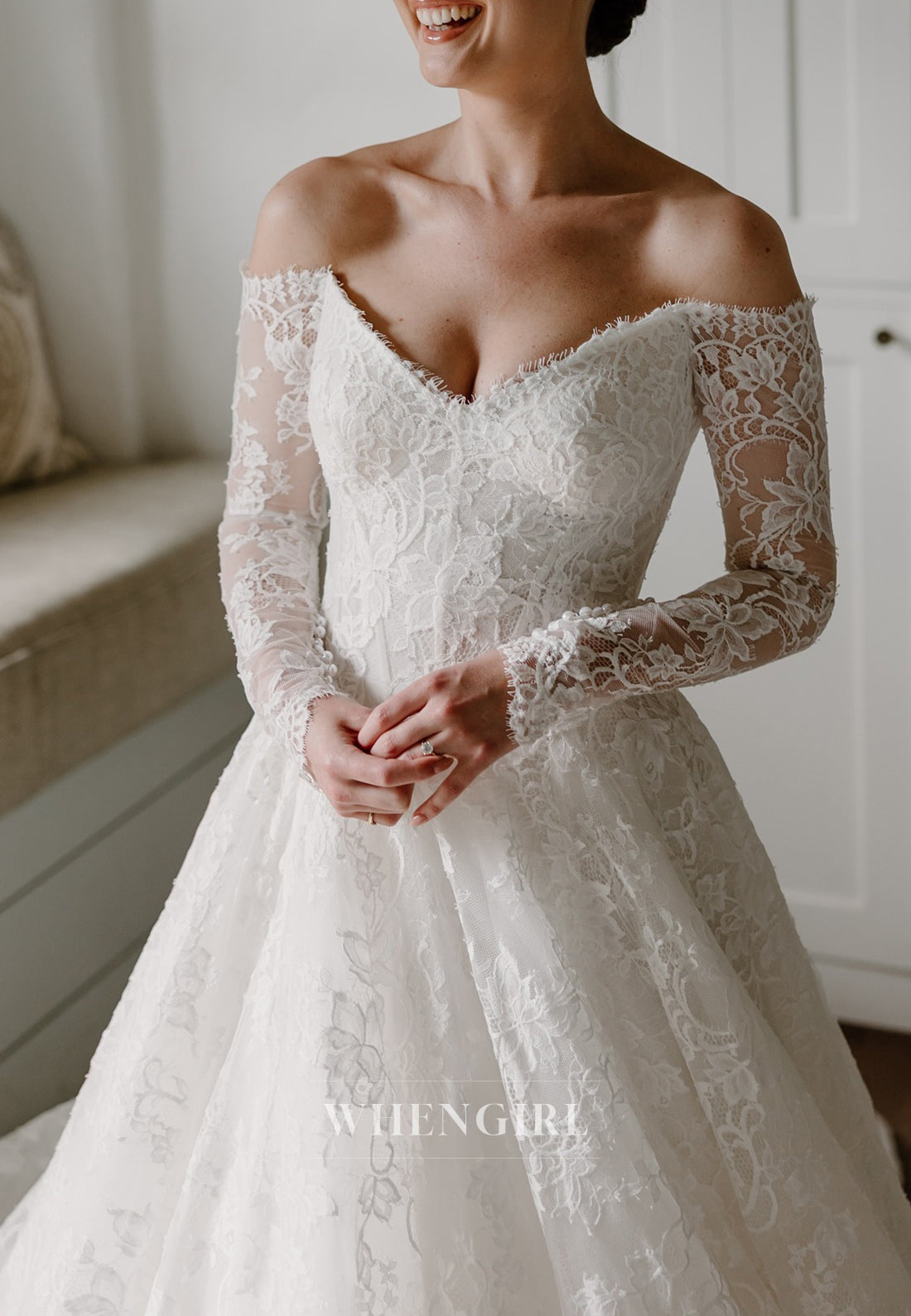 A-Line V Neck Long Sleeves Lace Court Train Lace Wedding Dress