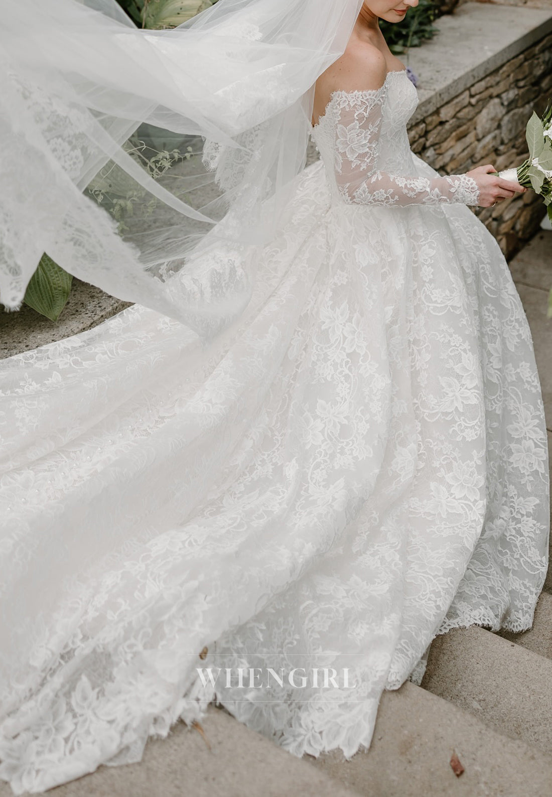 A-Line V Neck Long Sleeves Lace Court Train Lace Wedding Dress