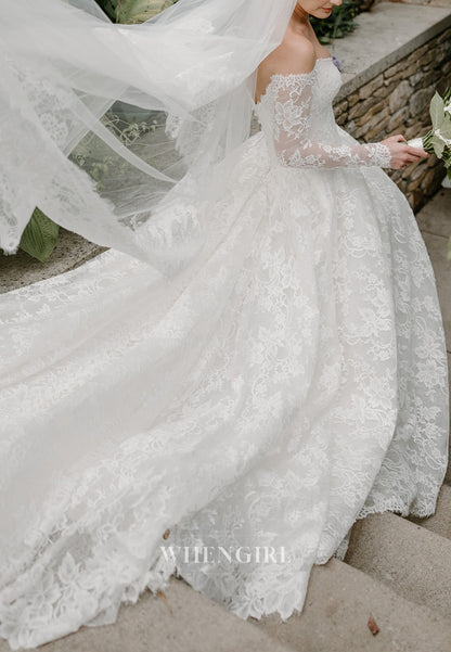 A-Line V Neck Long Sleeves Lace Court Train Lace Wedding Dress