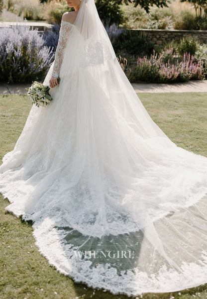 A-Line V Neck Long Sleeves Lace Court Train Lace Wedding Dress