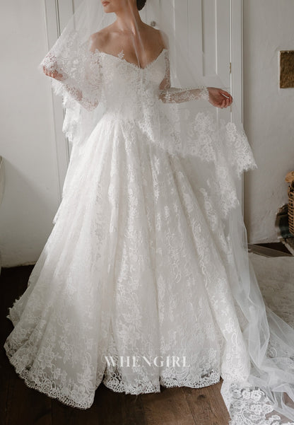 A-Line V Neck Long Sleeves Lace Court Train Lace Wedding Dress