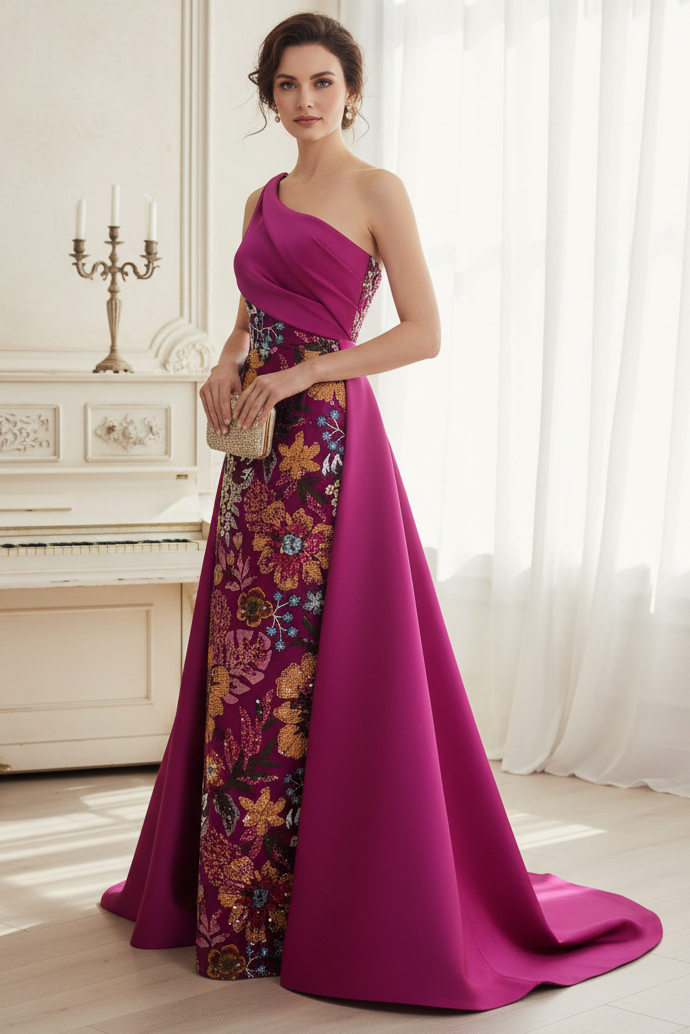 Fuchsia One Shoulder Embroidery Floral Sheath Mother of the Bride Dress