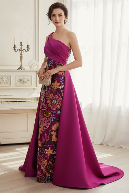 Fuchsia One Shoulder Embroidery Floral Sheath Mother of the Bride Dress