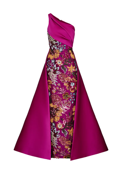 Fuchsia One Shoulder Embroidery Floral Sheath Mother of the Bride Dress