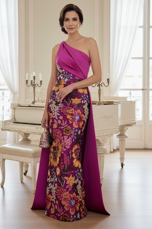 Fuchsia One Shoulder Embroidery Floral Sheath Mother of the Bride Dress