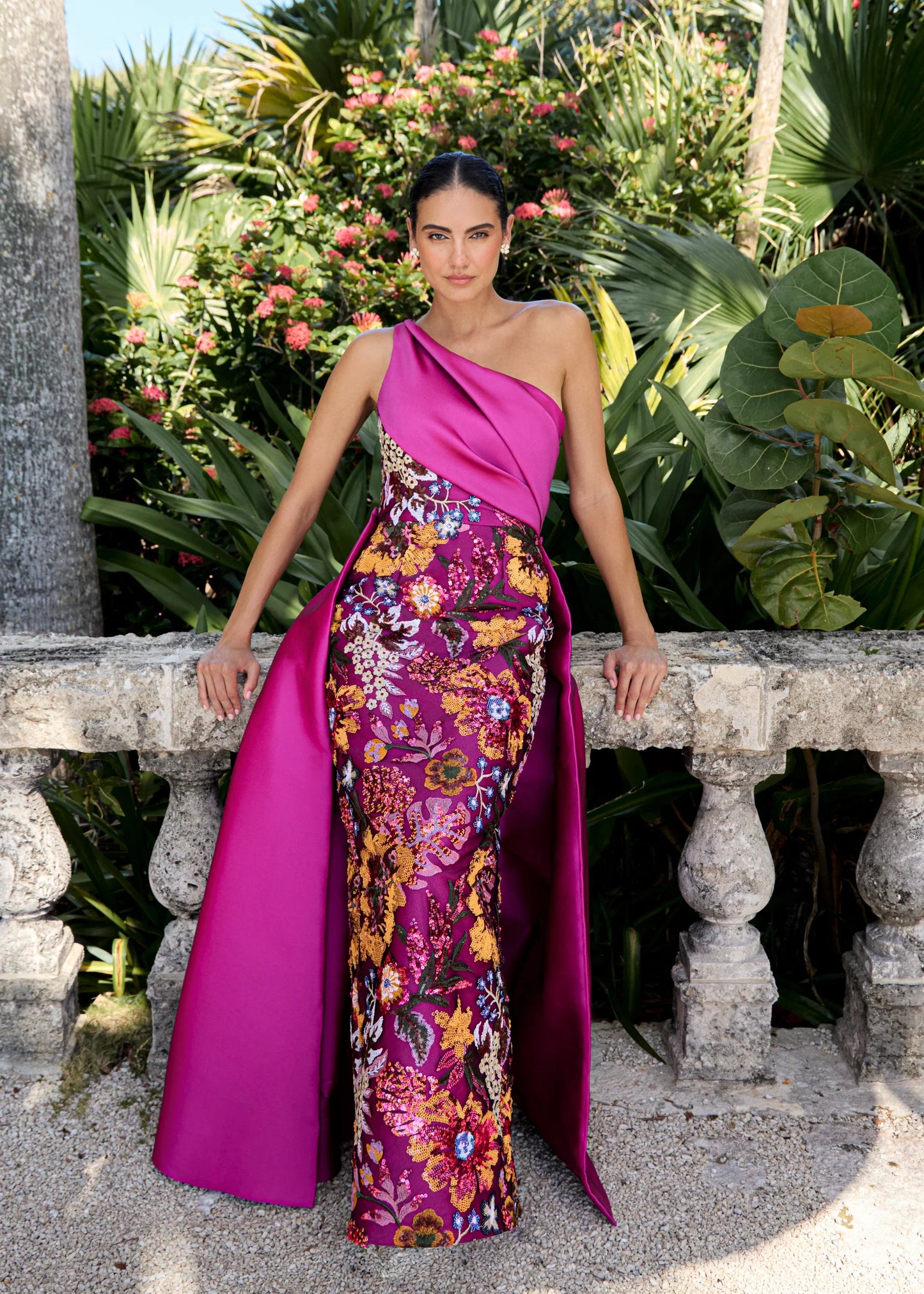 Fuchsia One Shoulder Embroidery Floral Sheath Mother of the Bride Dress