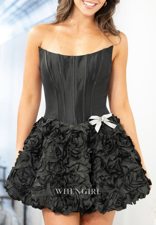 Black Bateau Neck Sleeveless Floral Hem A-Line Short Homecoming Dress