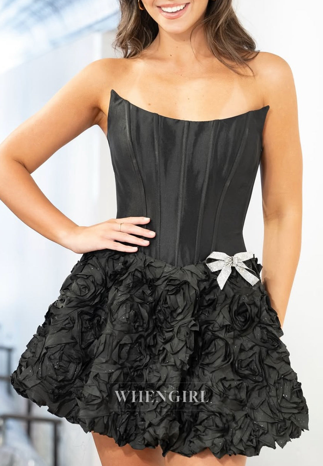 Black Bateau Neck Sleeveless Floral Hem A-Line Short Homecoming Dress