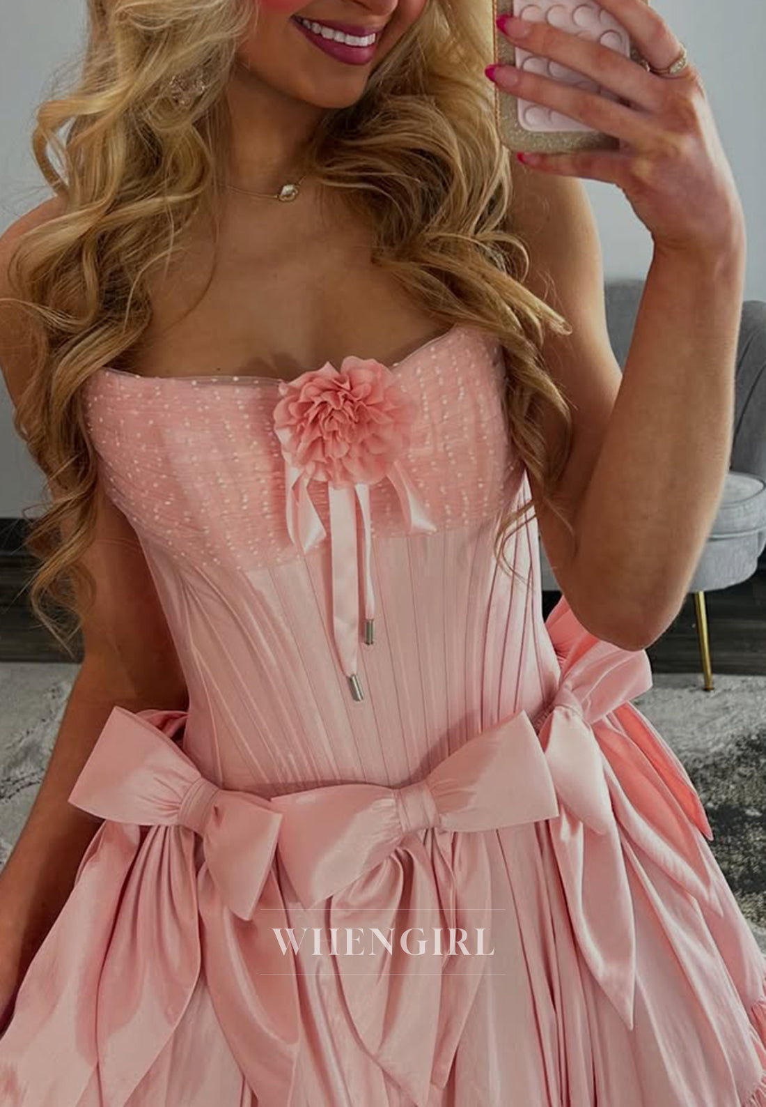 Blush A-Line Tube Top Flower Bowknot Short Sleeveless Homecoming Dress