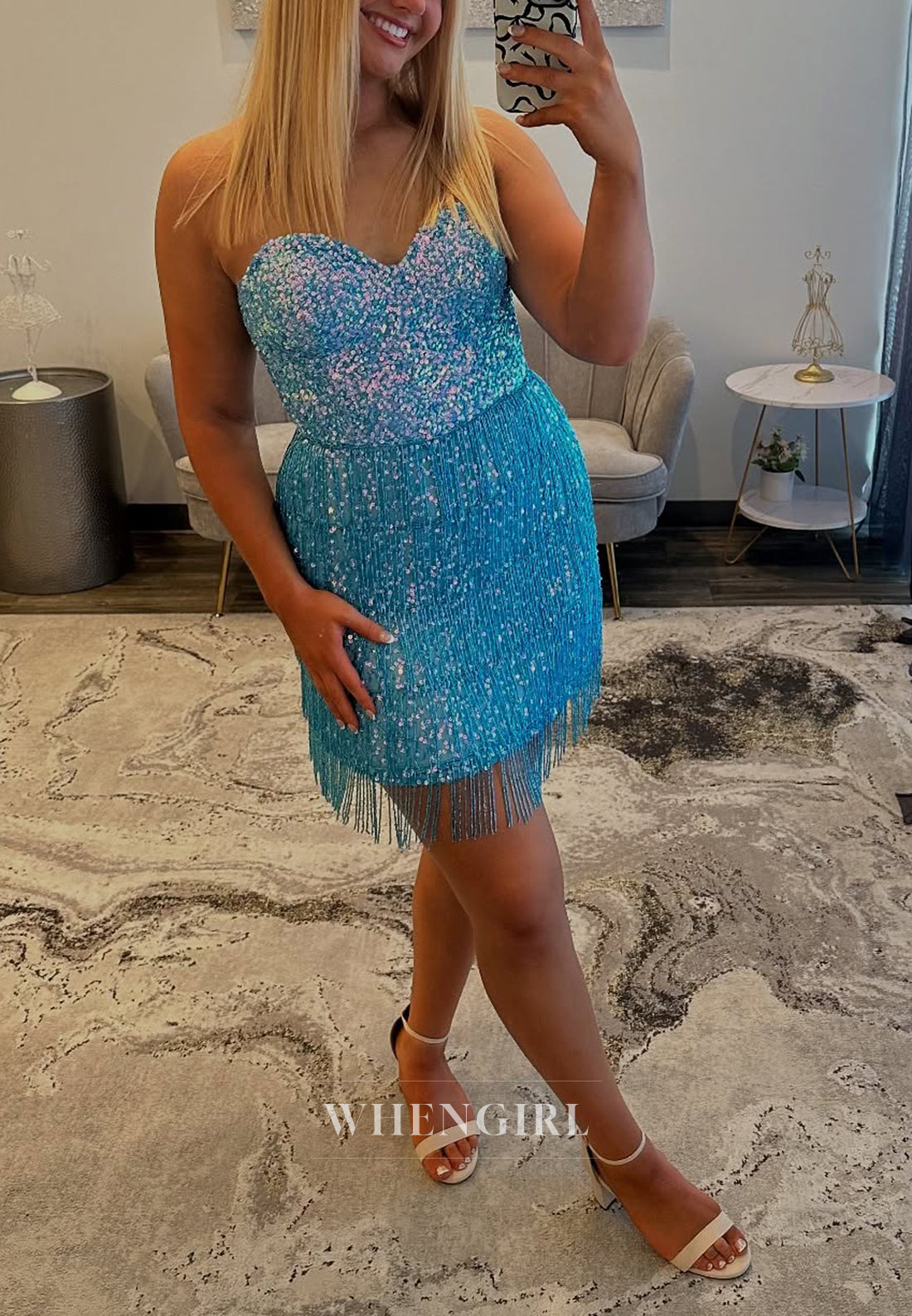 Ocean Blue Sweetheart Sequins Tassel Sheath Sleeveless Homecoming Dress