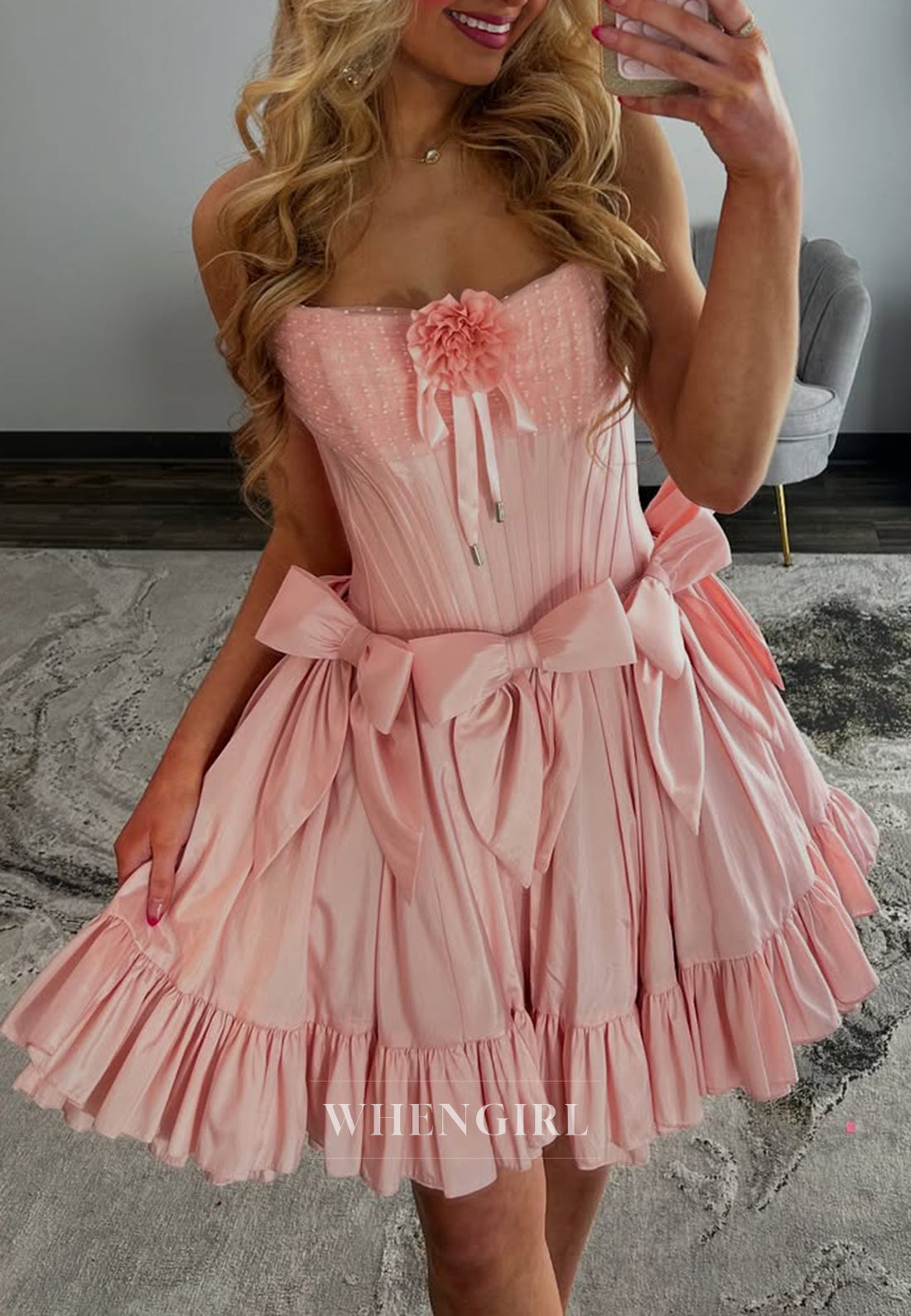 Blush A-Line Tube Top Flower Bowknot Short Sleeveless Homecoming Dress