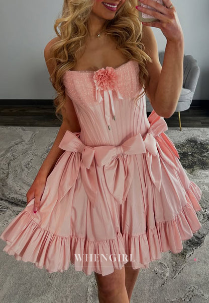 Blush A-Line Tube Top Flower Bowknot Short Sleeveless Homecoming Dress