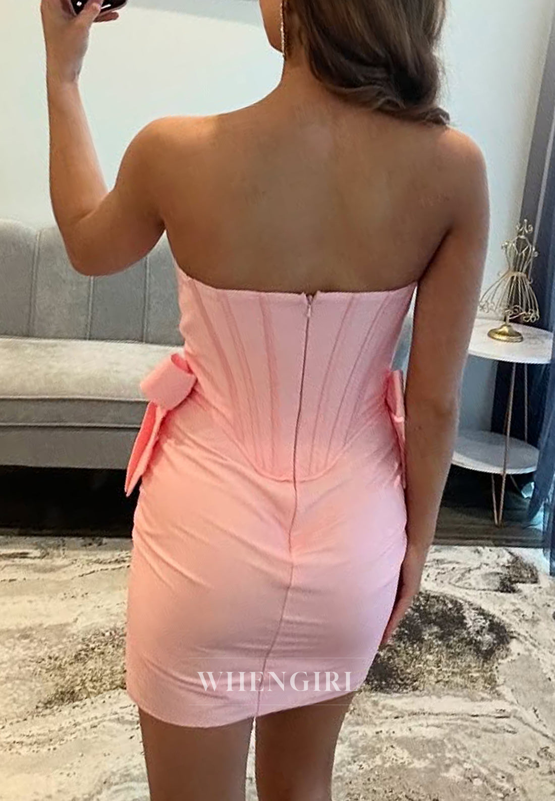 Blushing Pink Beaded Sweetheart Bowknot Sheath Homecoming Dress