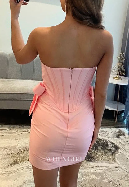Blushing Pink Beaded Sweetheart Bowknot Sheath Homecoming Dress