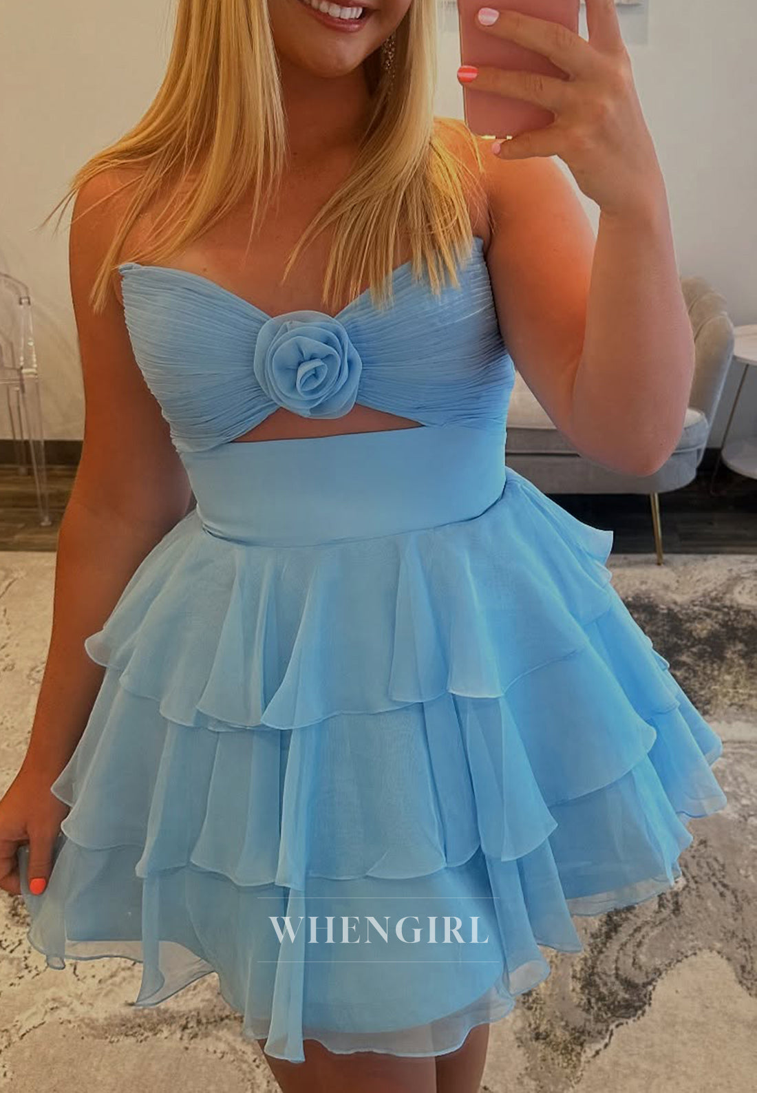 Ice Blue Sweetheart Sleeveless Cut Out Chiffon A-Line Homecoming Dress