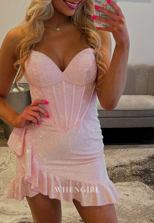 Blush Sheath Beaded Sweetheart Ruffles Sleeveless Short Homecoming Dress